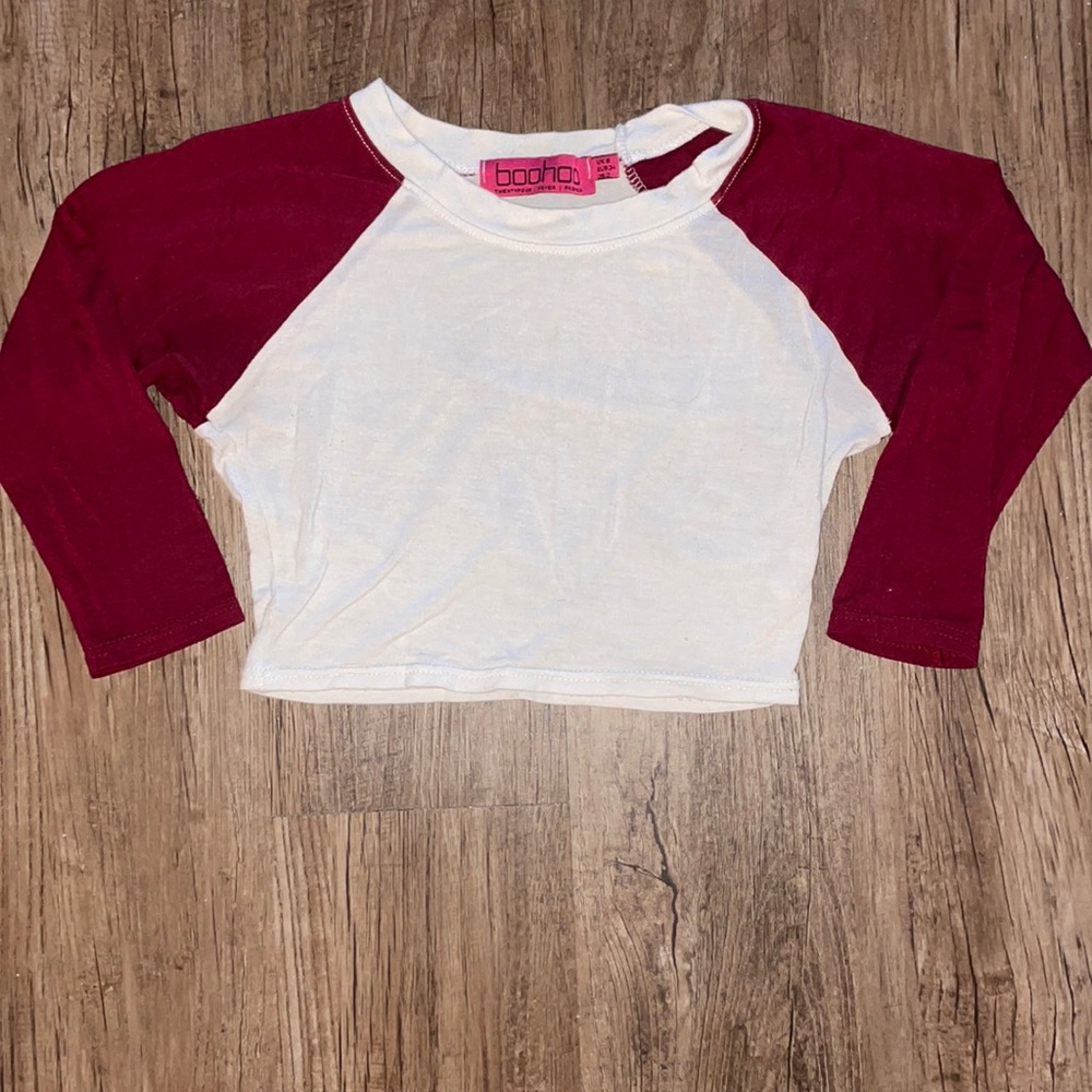White & Burgundy Boohoo Crop Top Size UK 6